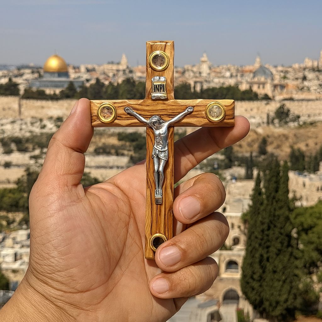 Authentic Jerusalem Crucifix - Olive Wood & Holy Land Relics