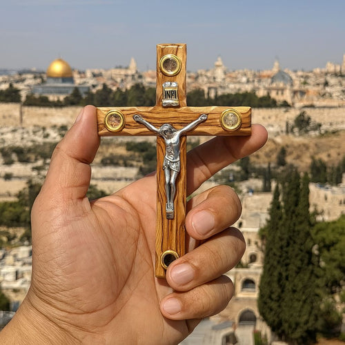 Authentic Jerusalem Crucifix - Olive Wood & Holy Land Relics