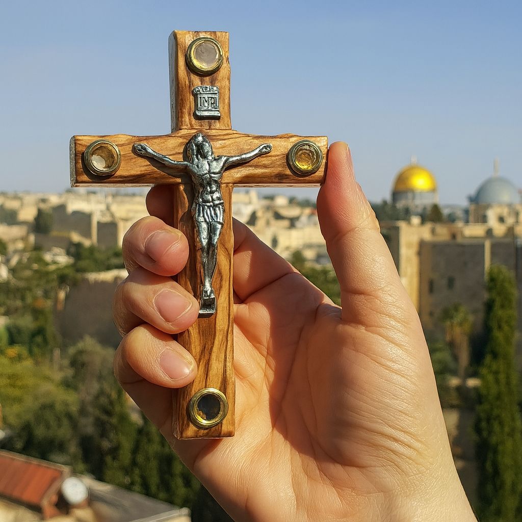 Authentic Jerusalem Crucifix - Olive Wood & Holy Land Relics