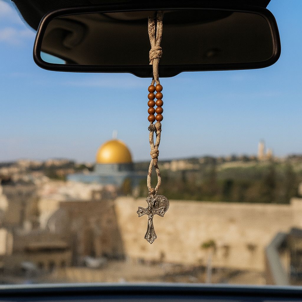 Blessed Car Rosary for Rearview Mirror – Handcrafted in Jerusalem