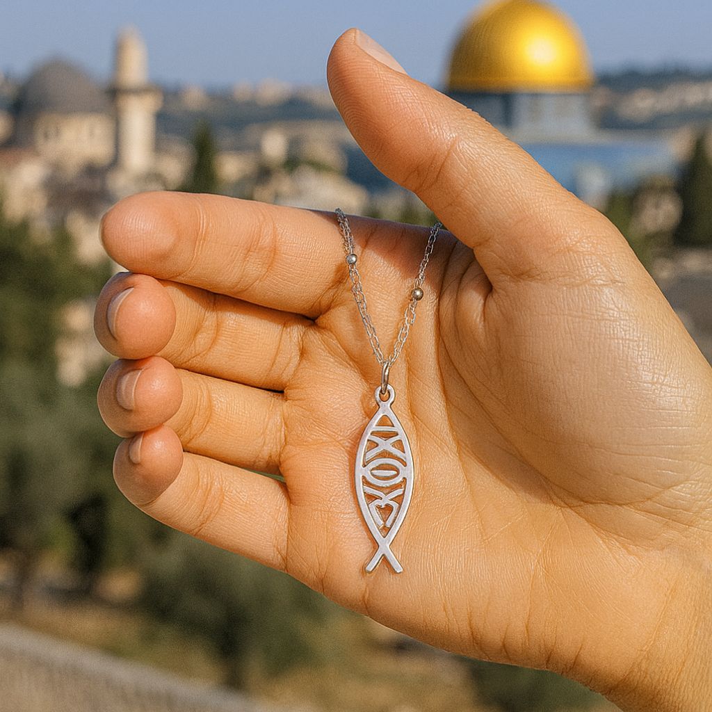 Hand holding a silver Ichthys necklace with a blurred jerusalem in the background