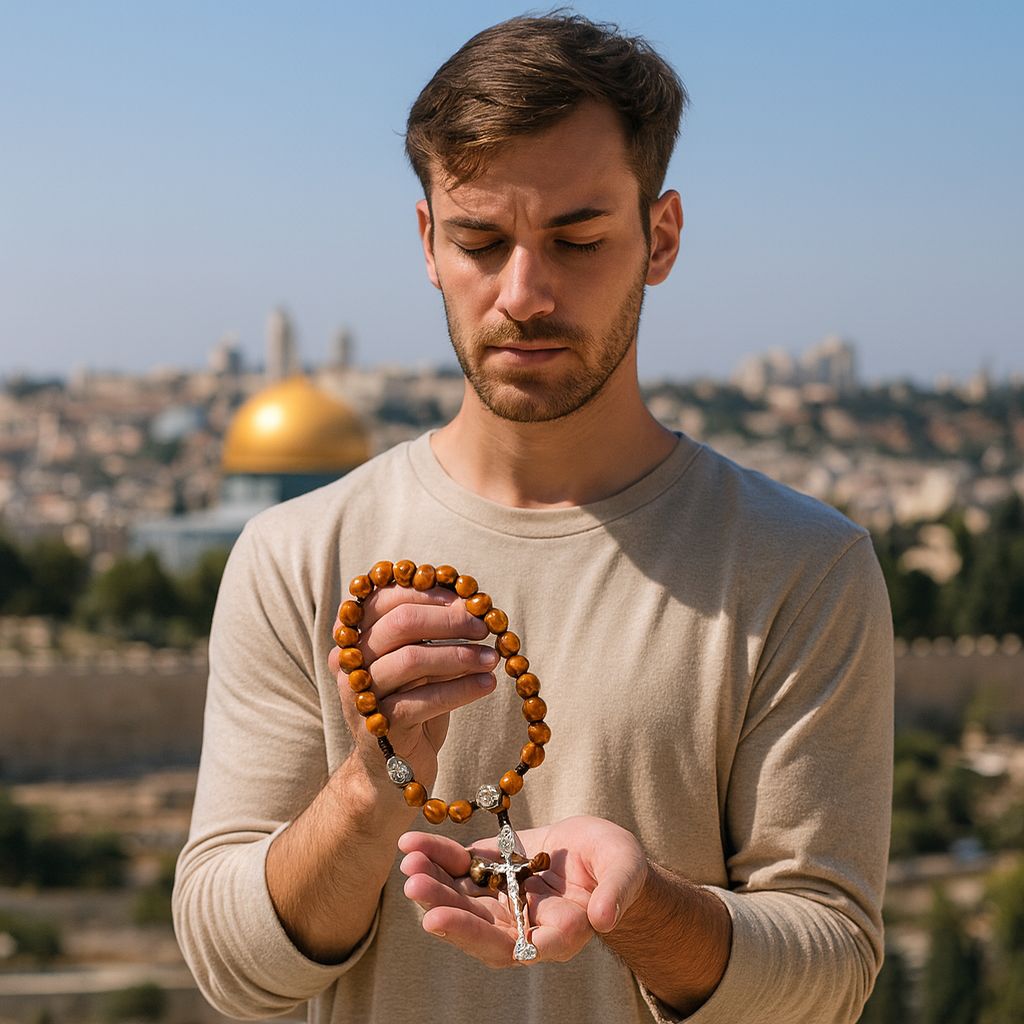 Man holding a Hand crafted Stone Beads Blessedin Holy Sepulchre with a city scape in the background