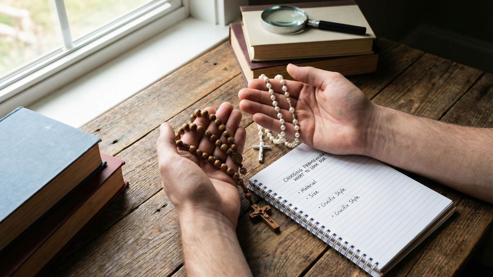 Man holding Catholic Home Decor on table
